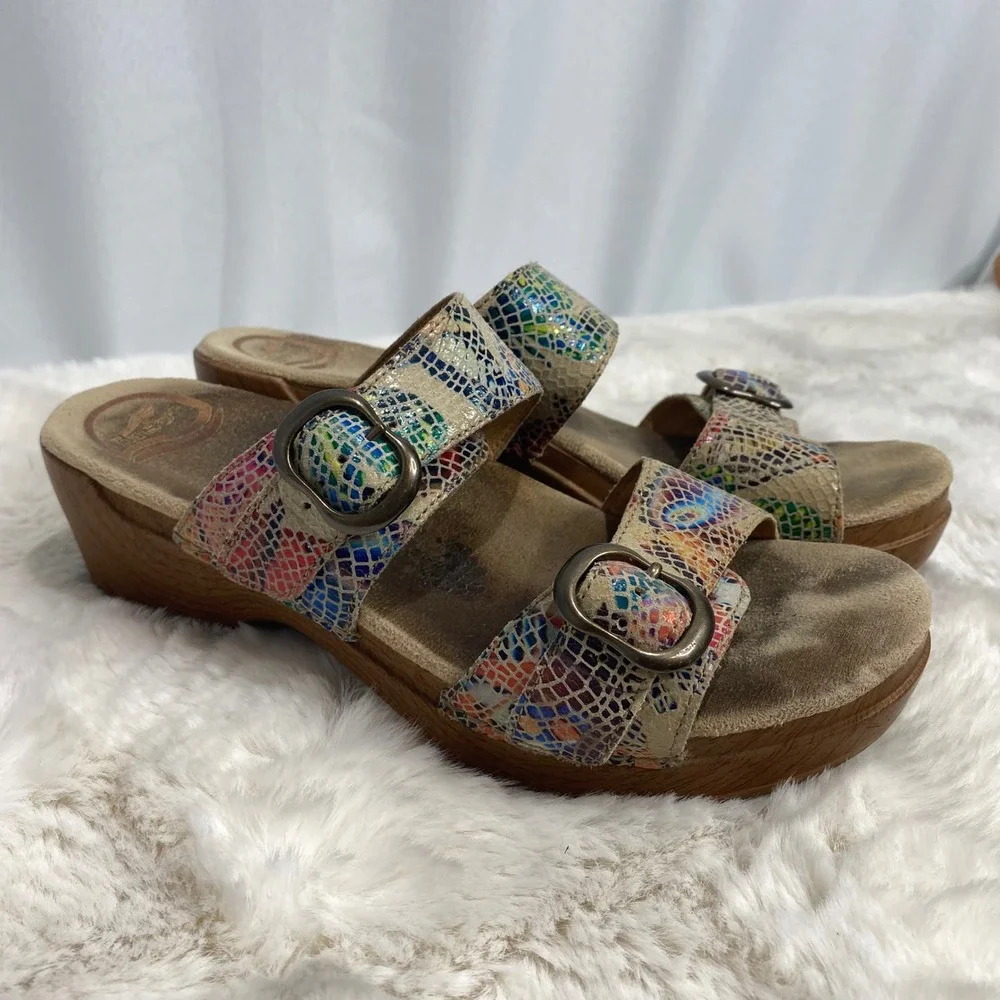 Dansko Womens Multi Color Mosaic Snake Print Leather Wedge Slide Sandals Size 38